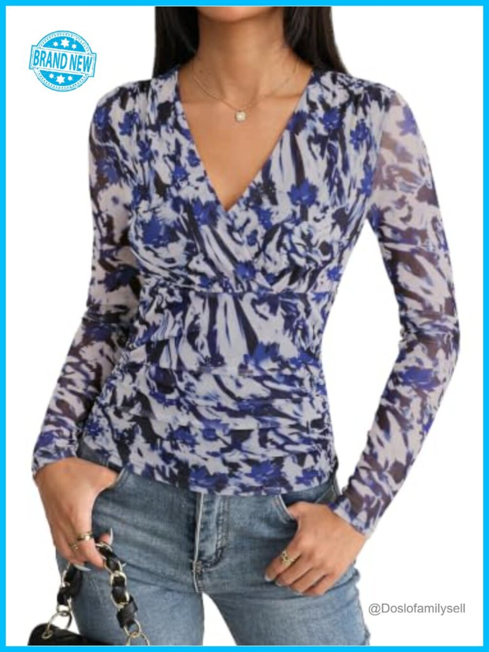 Womens Boho Mesh Top Long Sleeve Wrap V-Neck Ruched Blouse